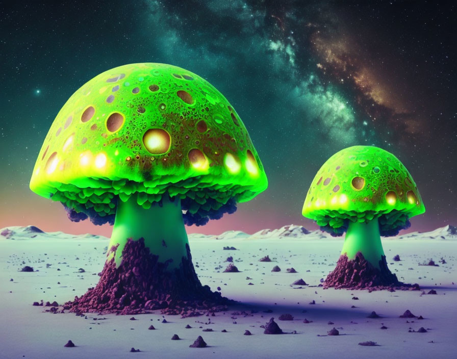 Luminescent oversized mushroom-like structures on alien landscape