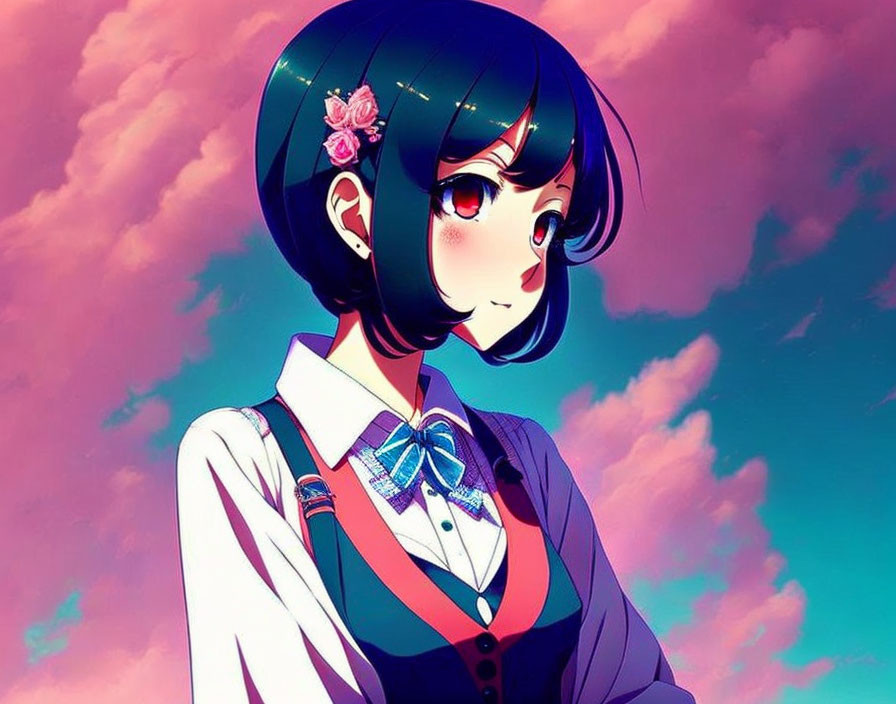 Short Black Hair Anime Girl in School Uniform with Flower Hairpin on Colorful Sky