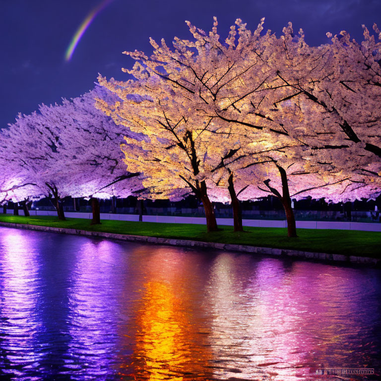 Cherry Blossoms in Full Bloom Reflecting Twilight Rainbow