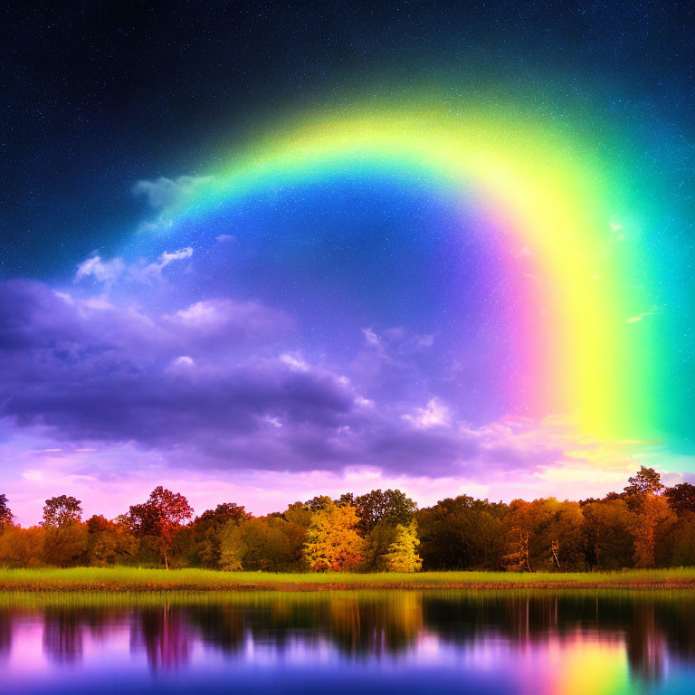 Colorful rainbow over tranquil landscape with reflective water and starry twilight sky.