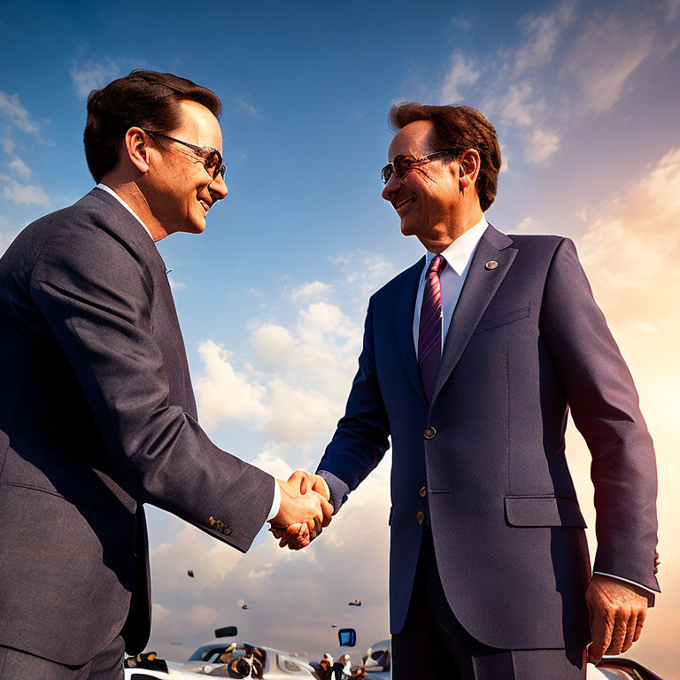 Men in suits shaking hands under cloudy sky, one with glasses and the other a badge.