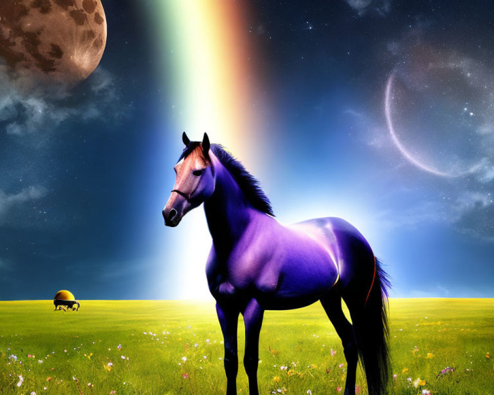 Horse in vibrant field with flowers under night sky, rainbow, moon, and stars