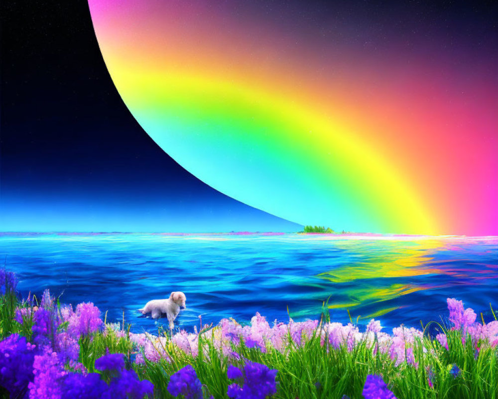 Colorful artwork featuring crescent moon, rainbow, ocean, and mystical creature.