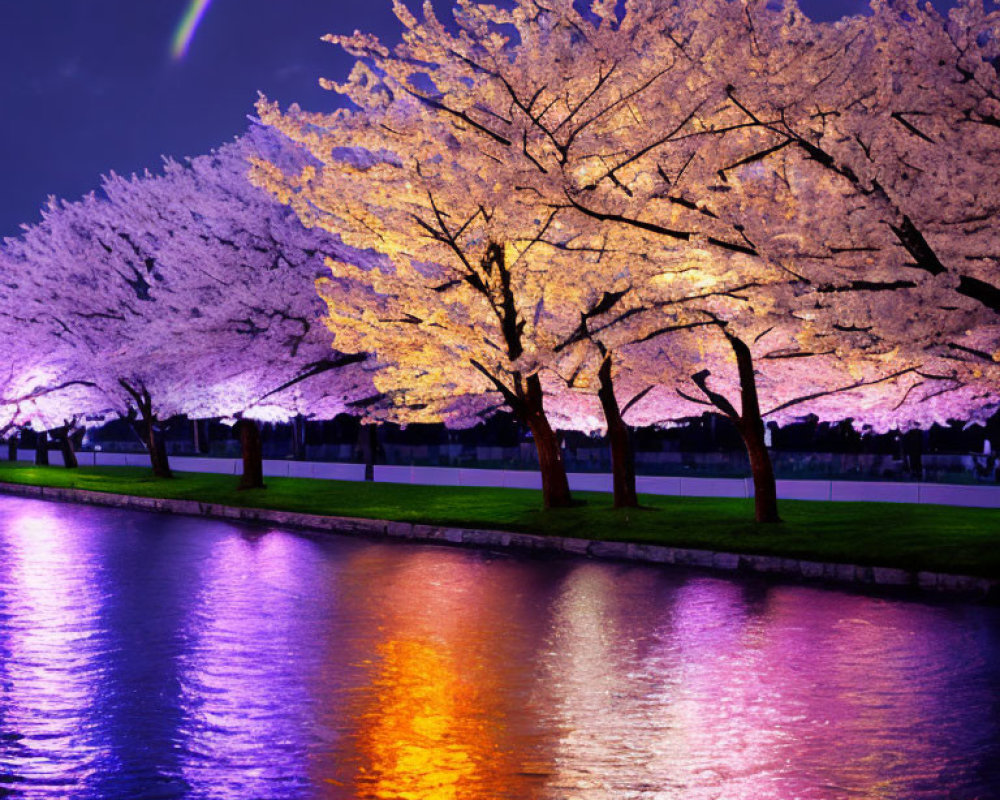 Cherry Blossoms in Full Bloom Reflecting Twilight Rainbow