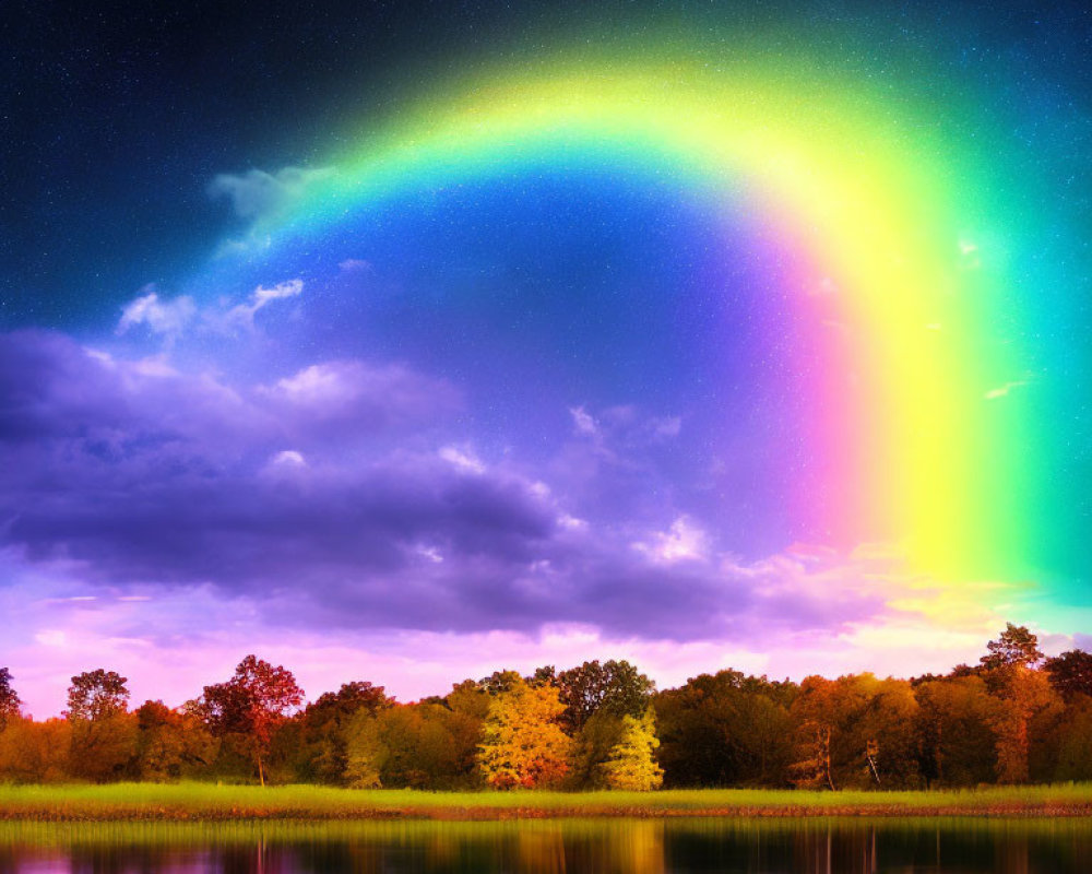 Colorful rainbow over tranquil landscape with reflective water and starry twilight sky.