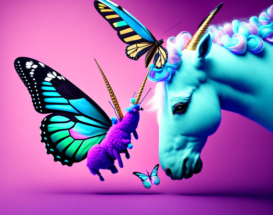 Colorful digital art: whimsical unicorn, purple mane, oversized butterfly wings, pink background