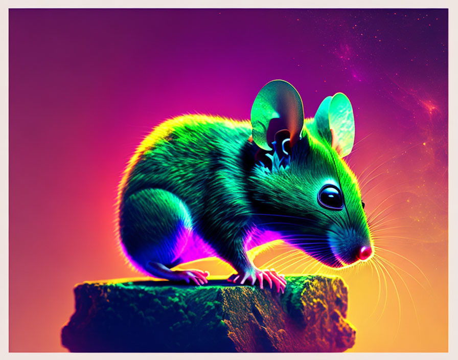 Colorful Mouse Illustration on Rock with Neon Green, Purple, and Blue Hues