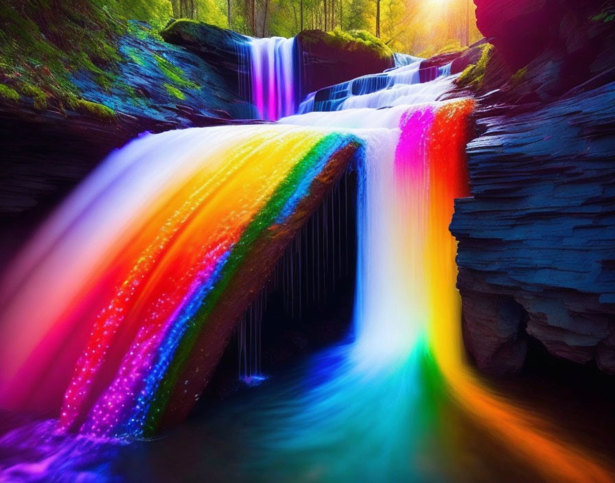 Rainbow-colored digitally altered waterfall over rock formations