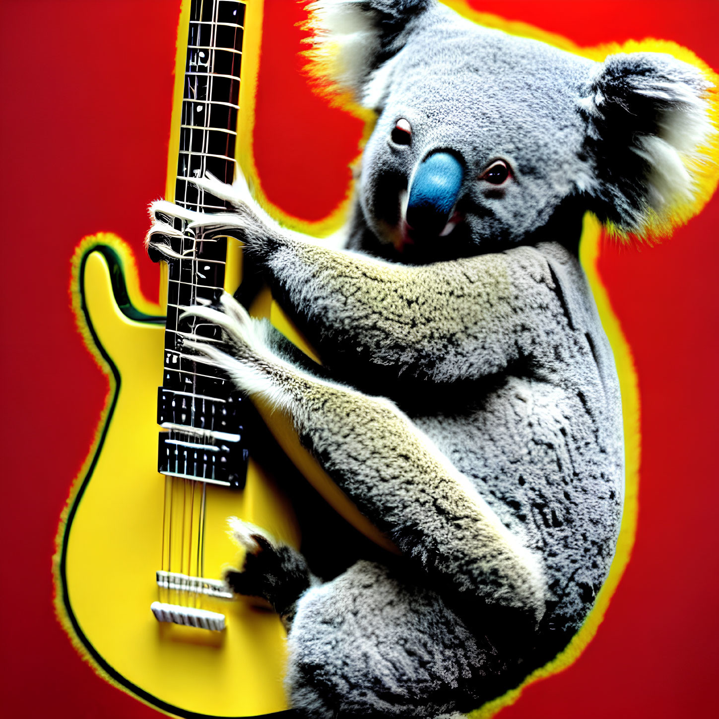 Koala holding yellow electric guitar on red background