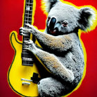 Koala holding yellow electric guitar on red background