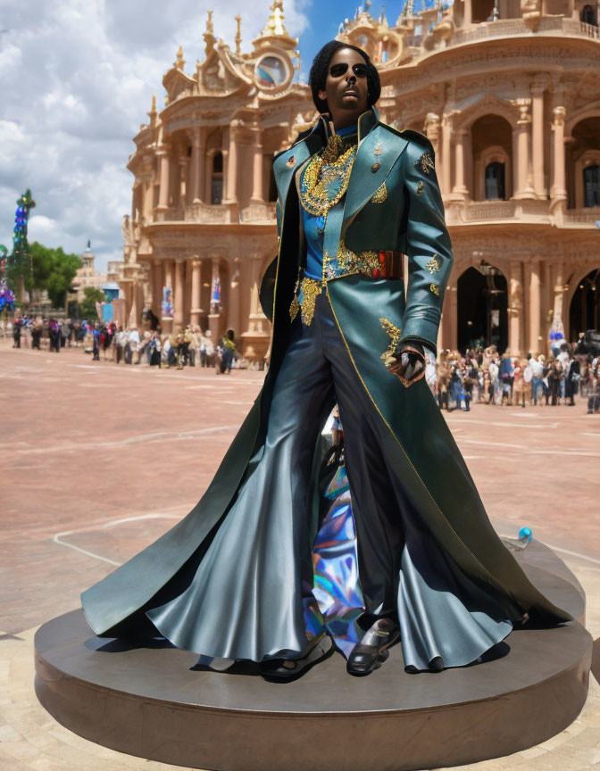 Life-Size Statue of Man in Blue & Gold Military Jacket at Palatial Building