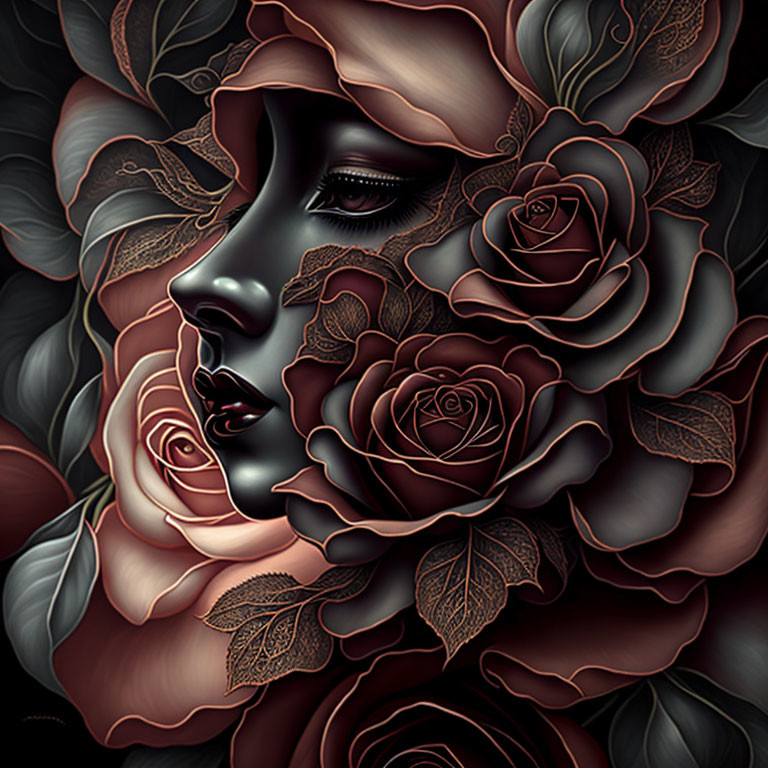 Illustration: Woman's face merges with ornate roses and leaves in red and black.