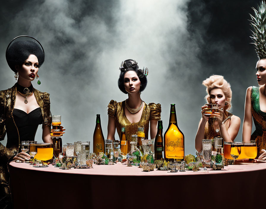 Four Women in Glamorous Outfits with Unique Hairstyles Sitting at Table with Drinks and Pineapples