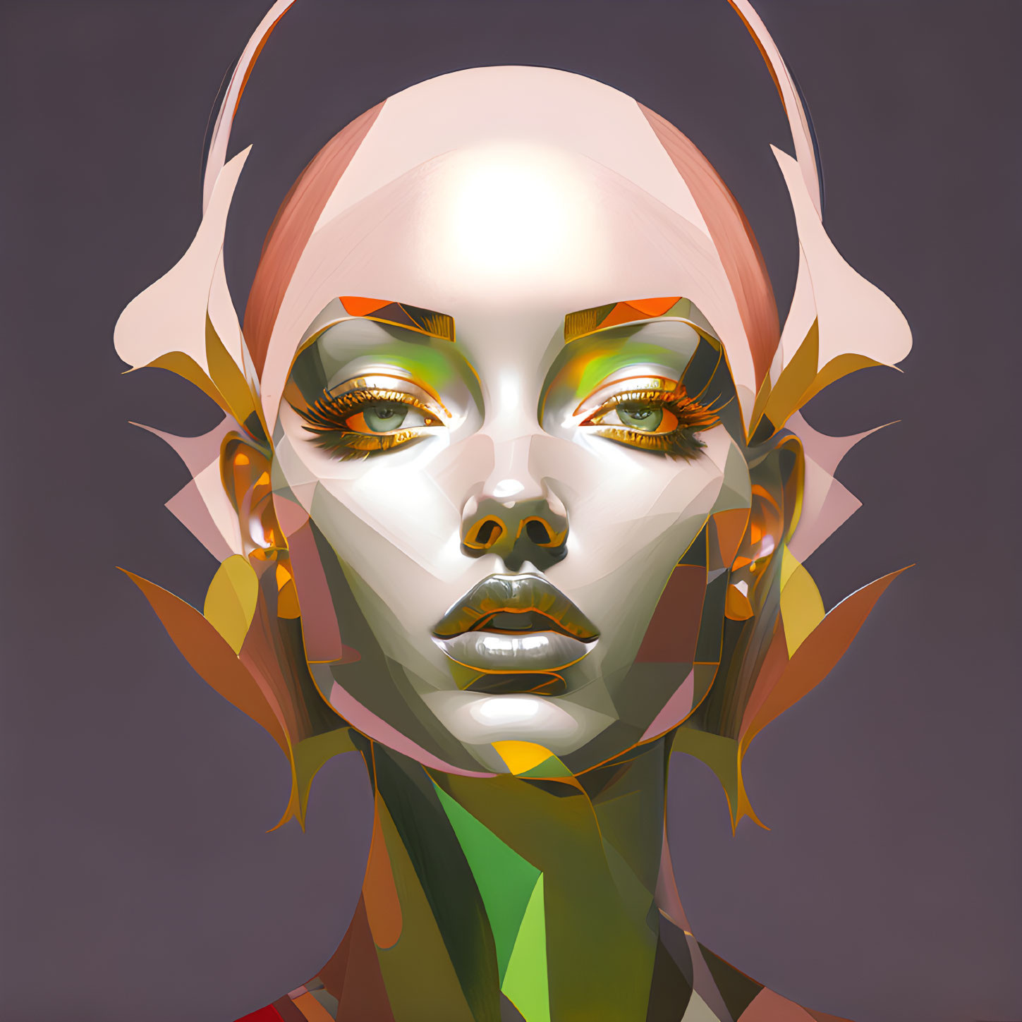 Geometric patterns and warm colors in digital portrait.