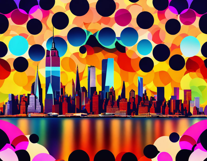 Vibrant City Skyline Artwork with Overlapping Circles