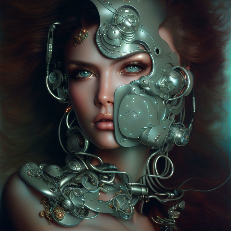 Digital Artwork: Woman with Cyborg Half-Face and Robotic Features