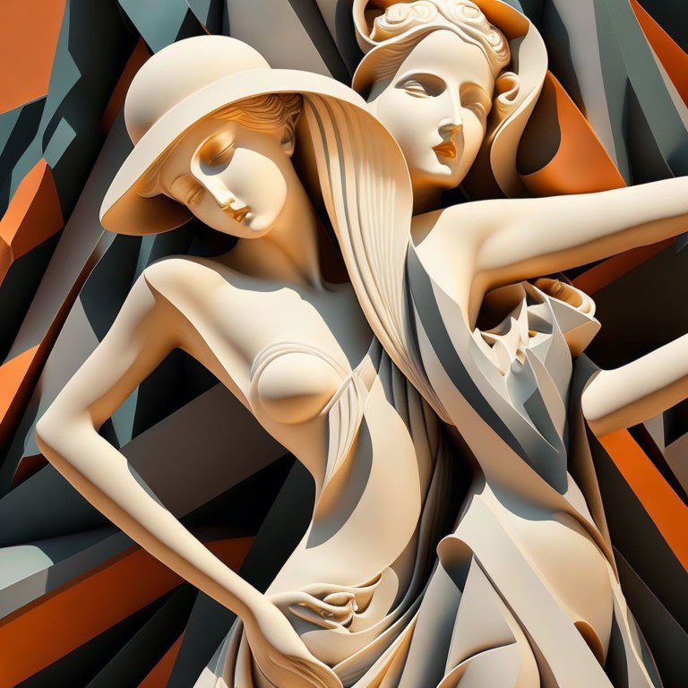 Stylized digital artwork: Two female figures in warm-toned setting