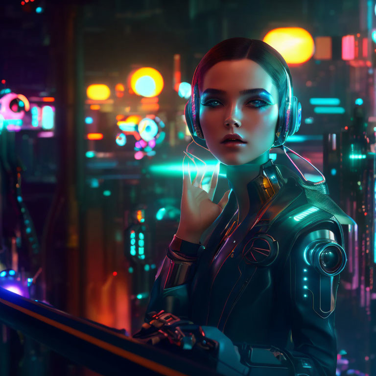 Futuristic woman in neon-lit cyberpunk cityscape with glowing suit