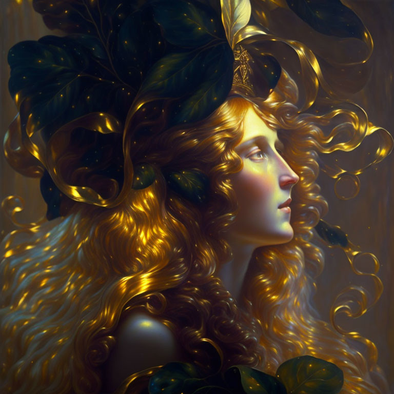 Regal figure with golden curls and green foliage in warm fantasy setting