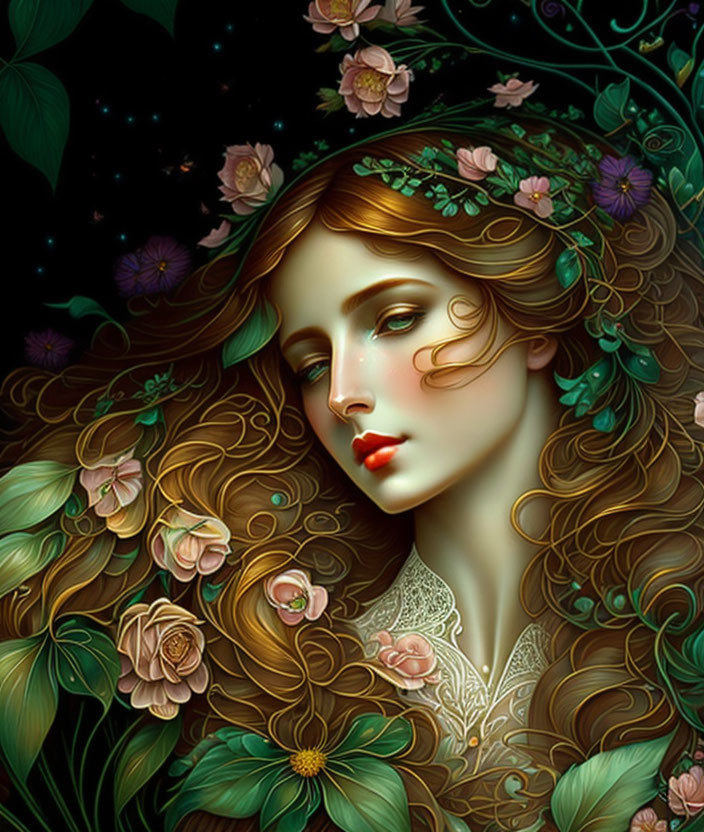 Illustrated woman with flowing hair and flowers on dark floral background