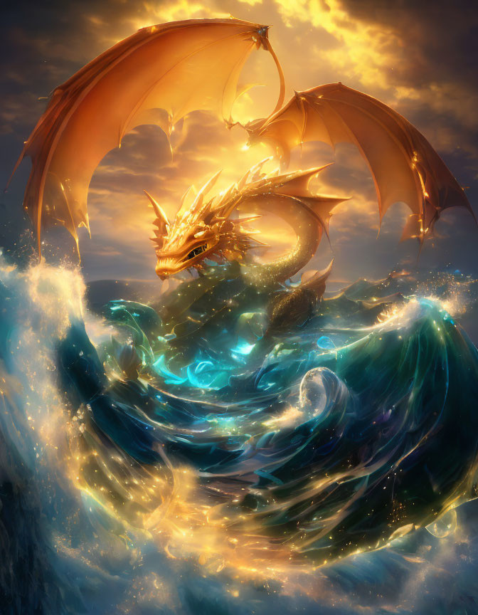 Golden dragon emerging from ocean waves at sunset