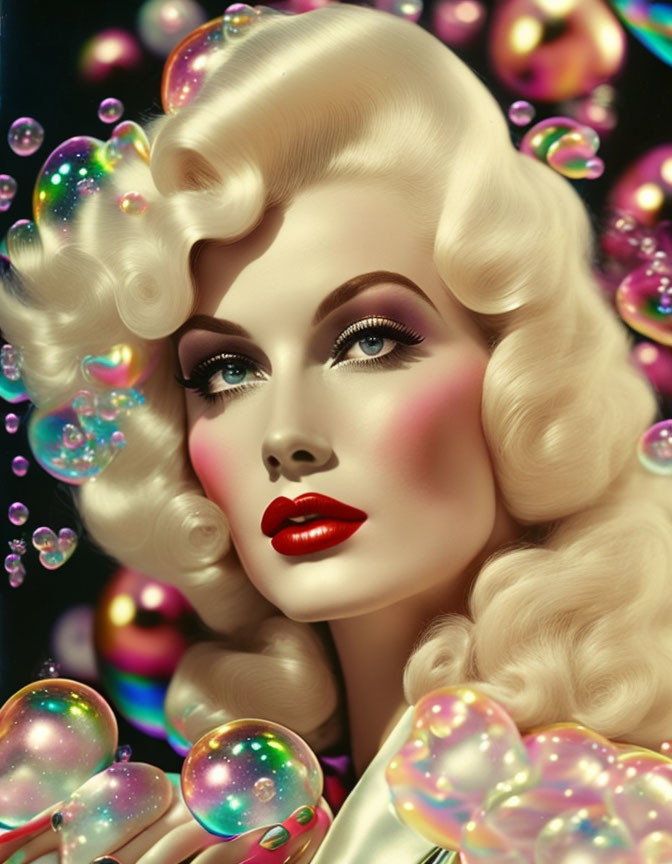 Stylized portrait of woman with glamorous makeup and wavy blonde hair among colorful soap bubbles