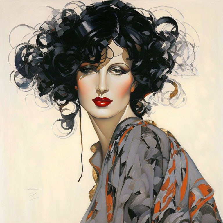 Stylized portrait of woman with black hair and patterned garment