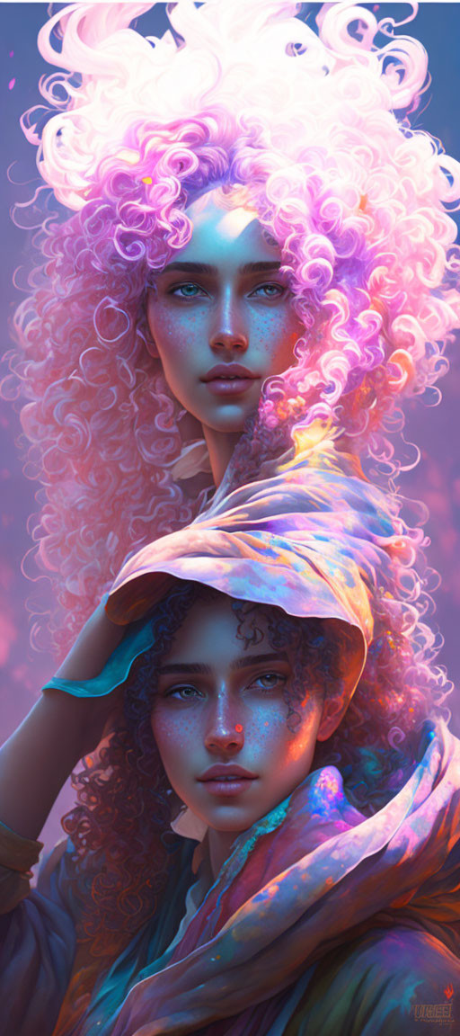 Voluminous curly hair women with iridescent skin tones on purplish-blue backdrop