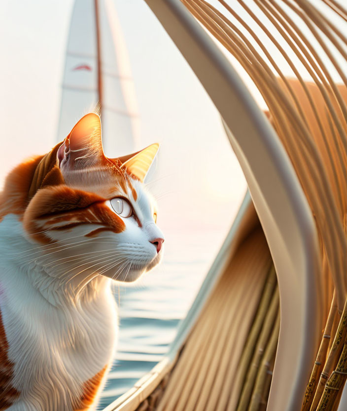 Cat peacefully gazes at sailboat in sunset scene