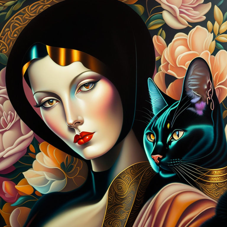 Stylized woman with black hat and cat on floral background