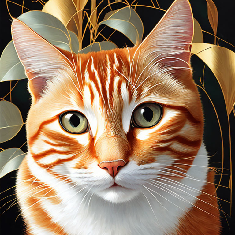 Detailed Orange Tabby Cat Illustration with Green Eyes and Stripes on Dark Background