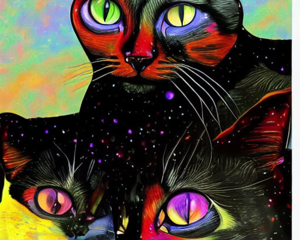 Colorful Stylized Cats with Vibrant Fur and Expressive Eyes