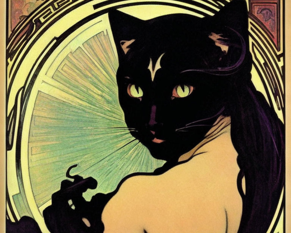 Art Nouveau Black Cat Illustration with Ornate Background