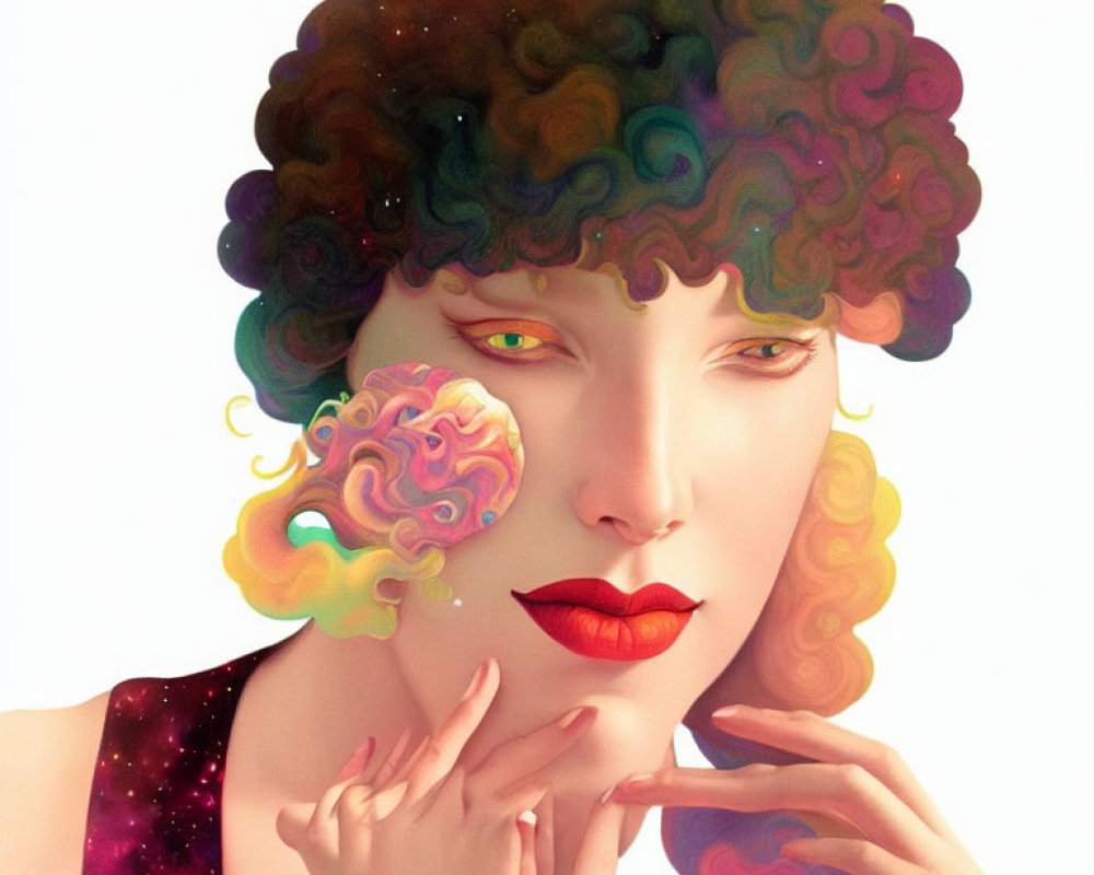 Colorful surreal portrait with cloud-like hair and galactic pattern.