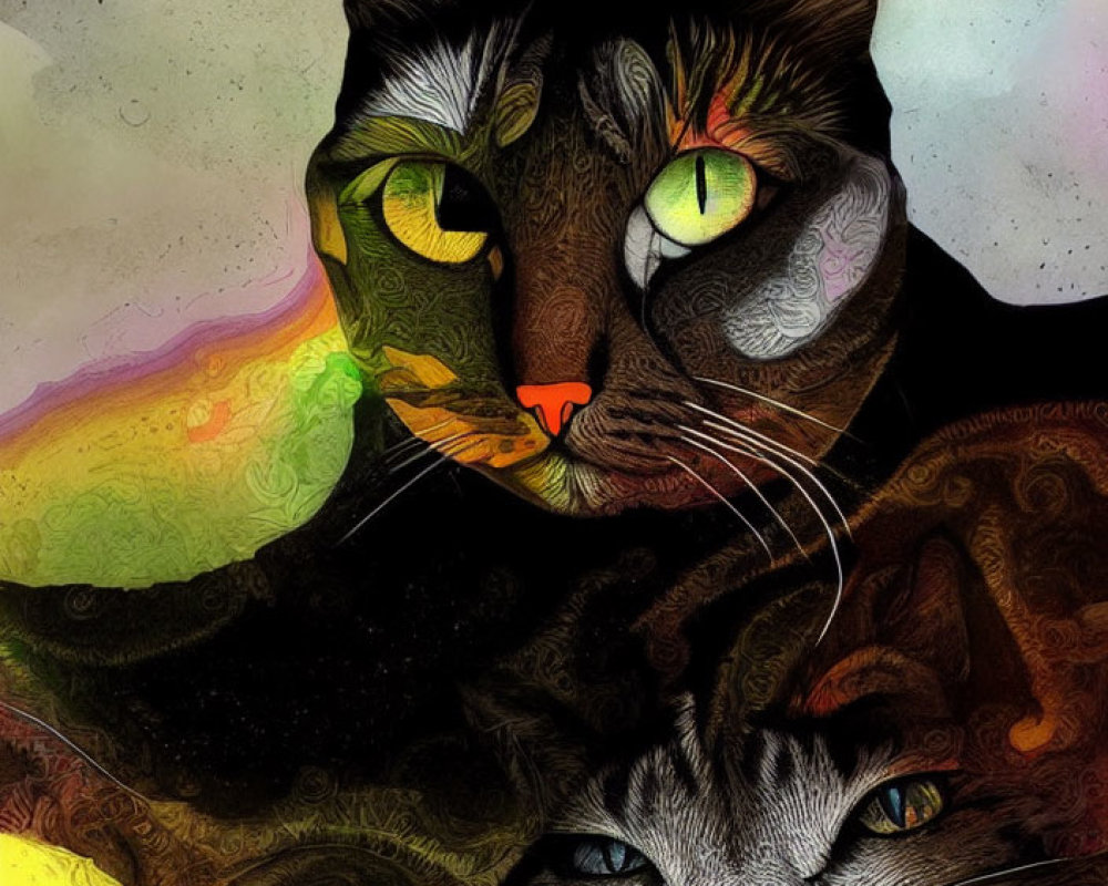 Vivid Digital Artwork: Two Cats with Intense Eyes