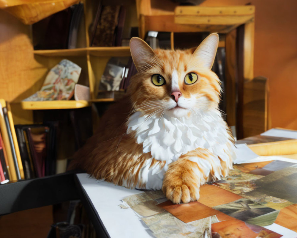 Orange Cat with White Ruff on Table with Books and Vintage Hat