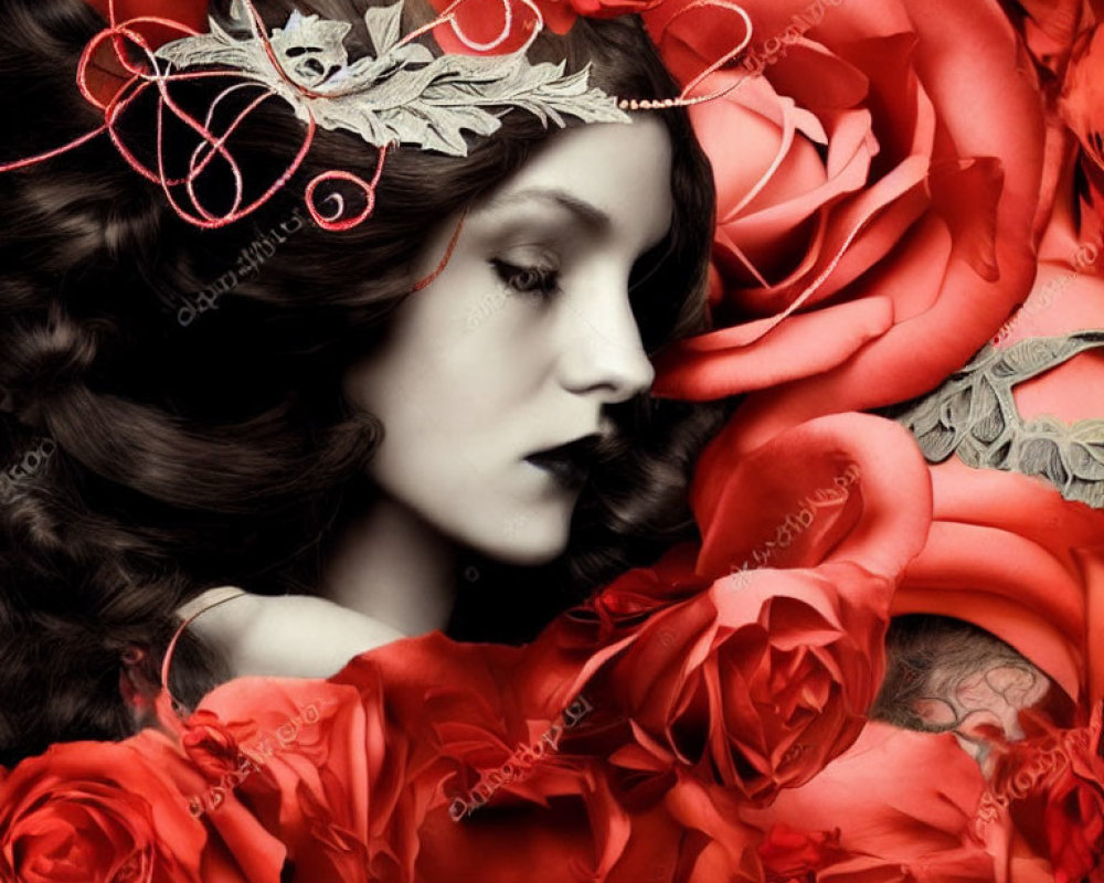 Surreal portrait of woman with pale skin and dark hair amid vivid red roses