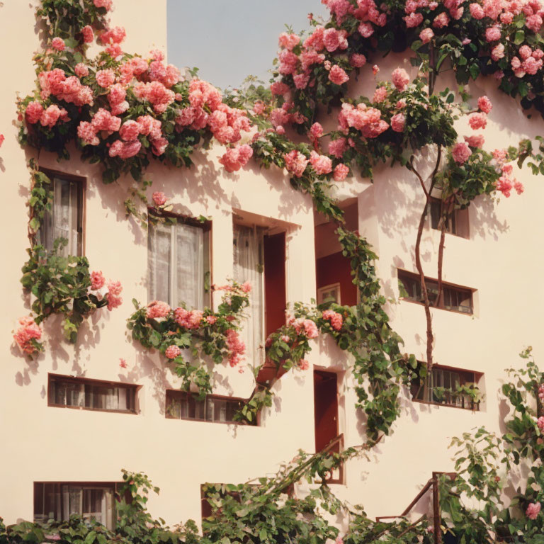 Pink roses blooming around windows of a building under clear sky