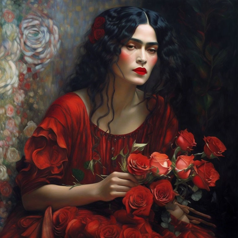 Woman in Red Dress Holding Roses Surrounded by Flowers