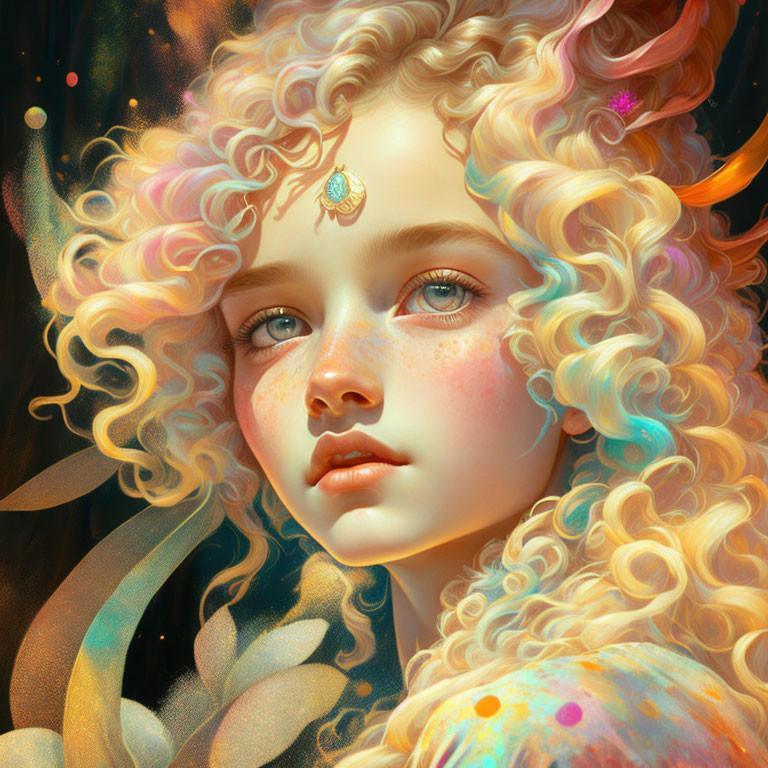 Portrait of a girl with curly golden hair and gem forehead piece surrounded by glowing elements