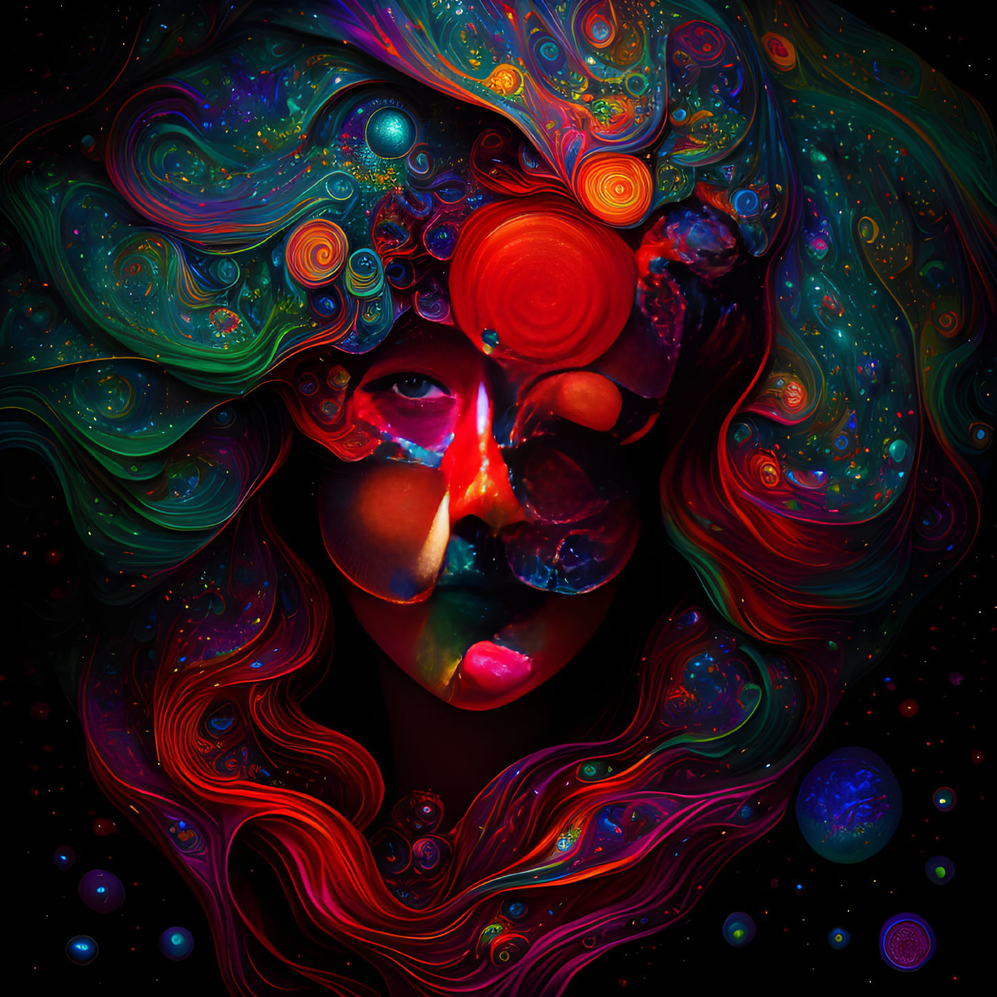 Colorful cosmic-themed digital artwork: face with galaxy patterns and celestial bodies on dark space background