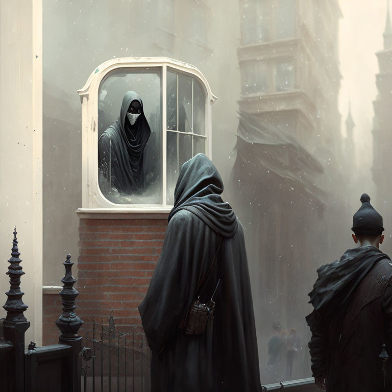 Mysterious cloaked figures in foggy old-world setting