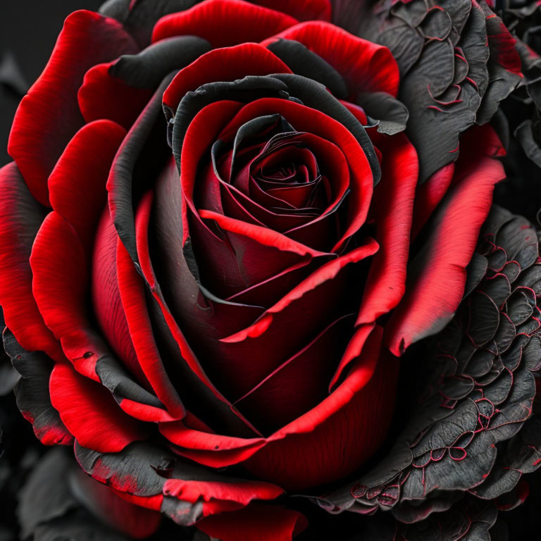 Detailed close-up of vibrant red rose with intricate petals and dark contrasting leaves