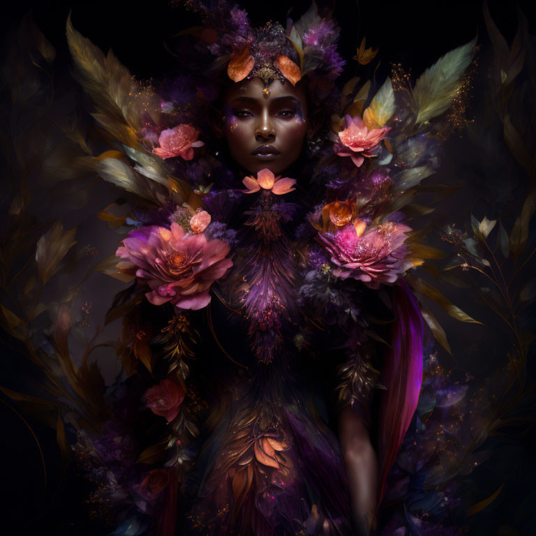 Dark features person in mystical portrait with feathers, flowers, and foliage.