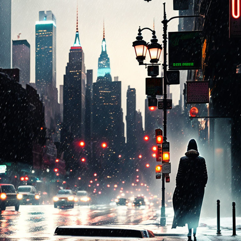 Person in Coat Stands at Snowy City Intersection