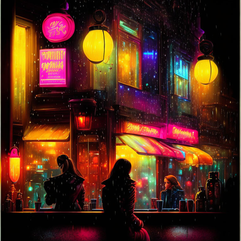 Colorful night bar scene with neon signs, lanterns, and snow reflections