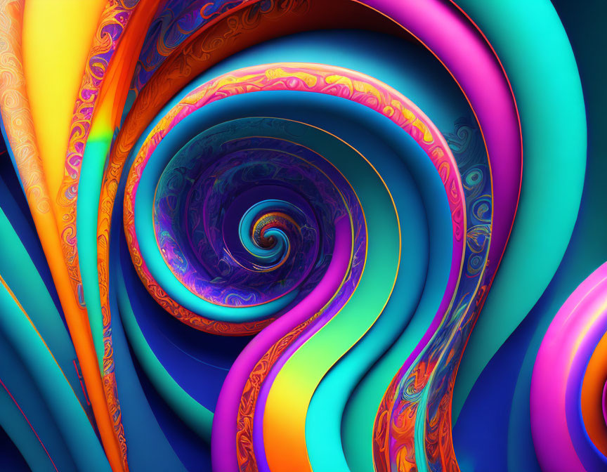 Colorful fractal image with hypnotic spiral in blues and oranges.