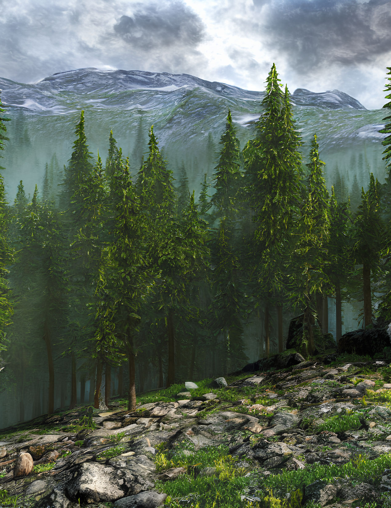 Scenic Pine Forest with Rocky Floor and Misty Mountains