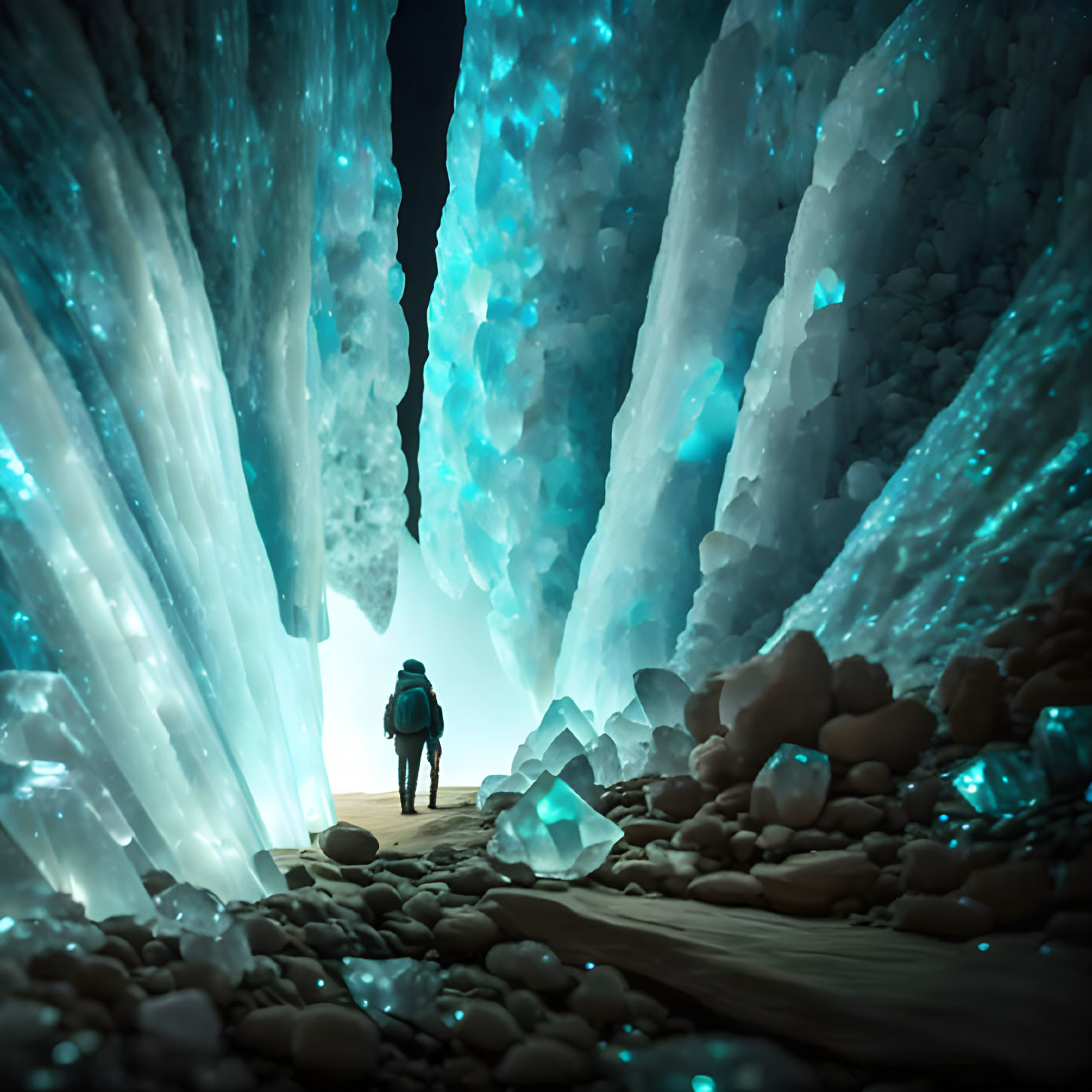 Luminous blue ice formations in glowing ice cave