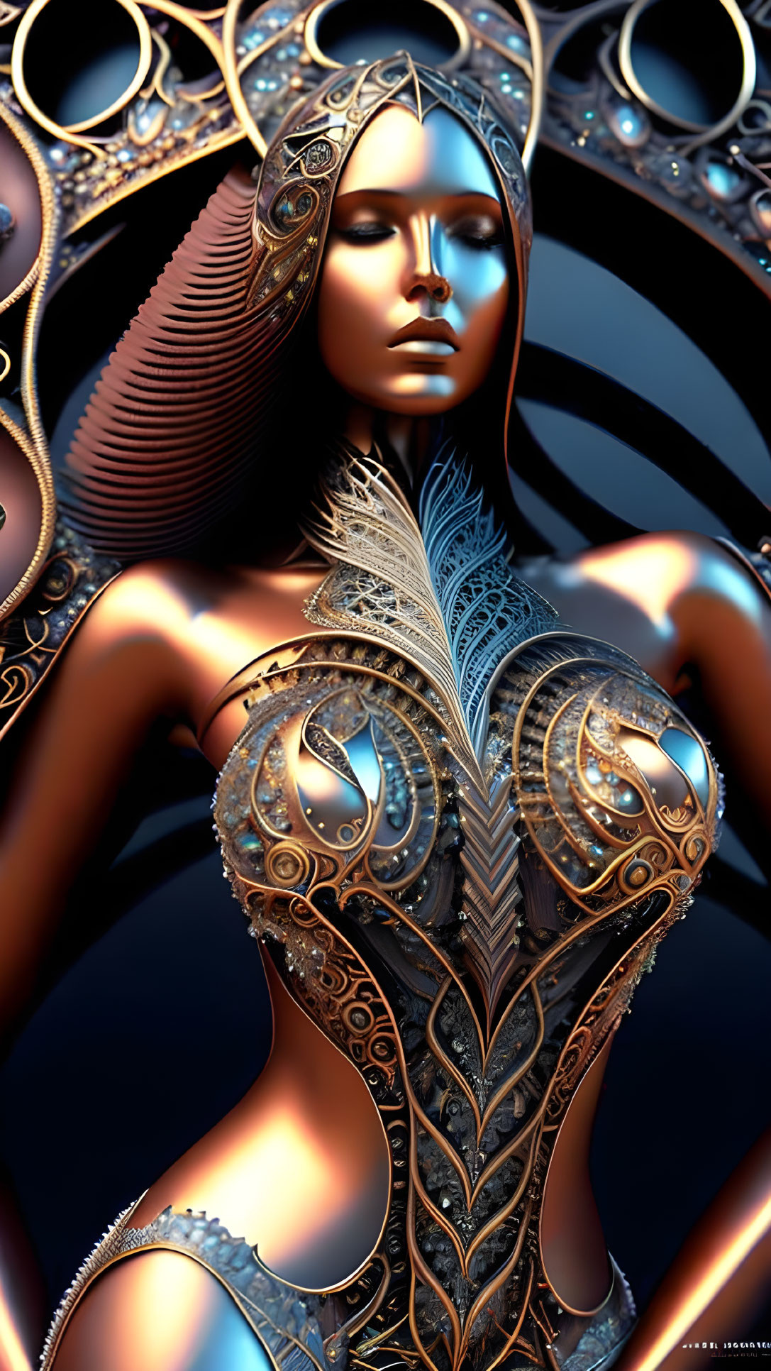 Steampunk-inspired digital artwork of a woman with metallic skin and intricate armor.